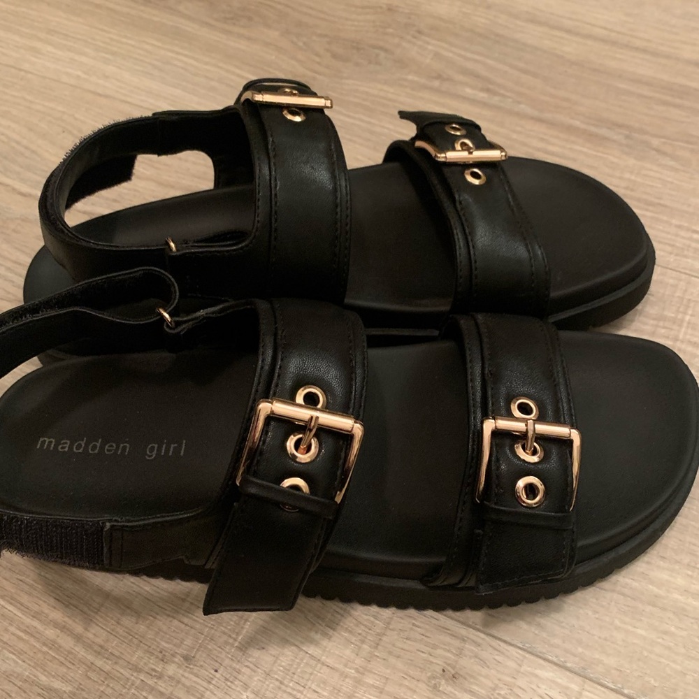 Madden Girl Sandals Black with Gold Buckles - Picture 3 of 10